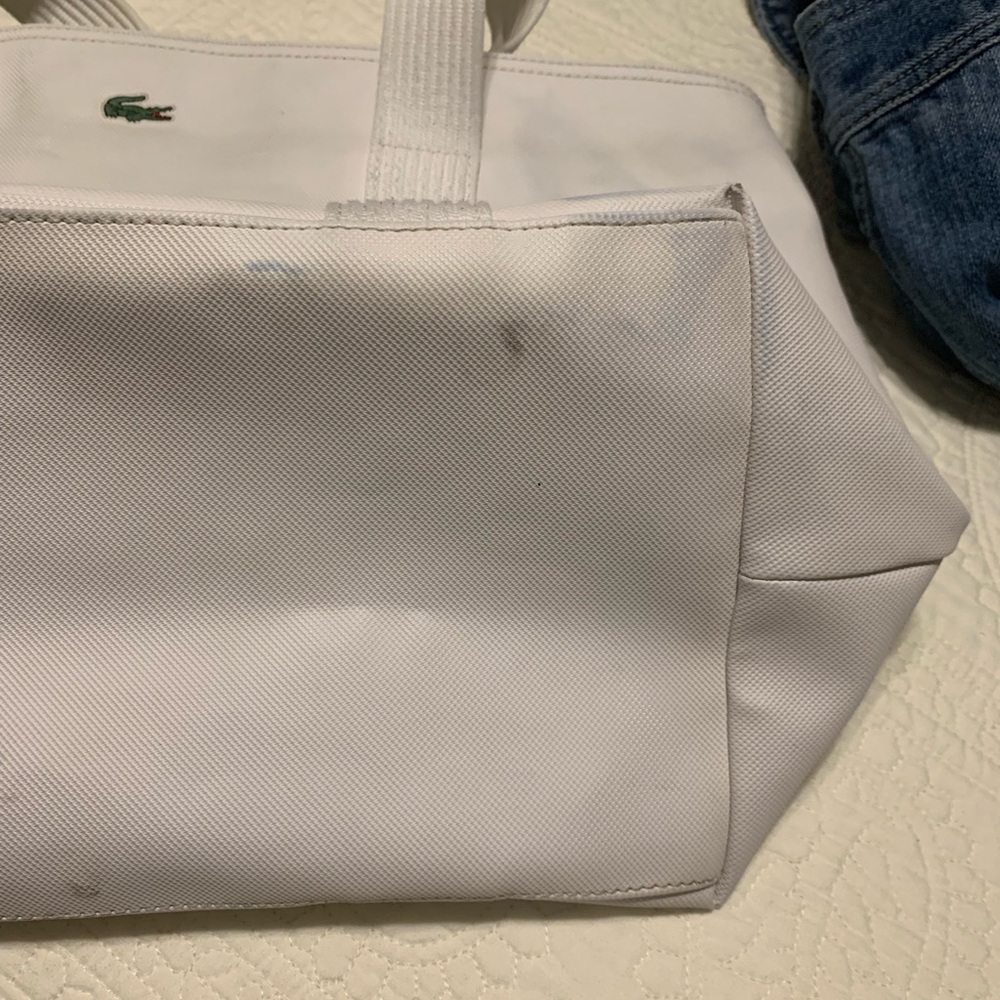 Lacoste OffWhite Large PreOwned Tote Bag inside clean outside blue light stains. - Picture 14 of 16